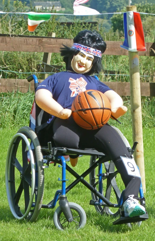 a guy in a wheelchair is holding a basketball and wearing a mask