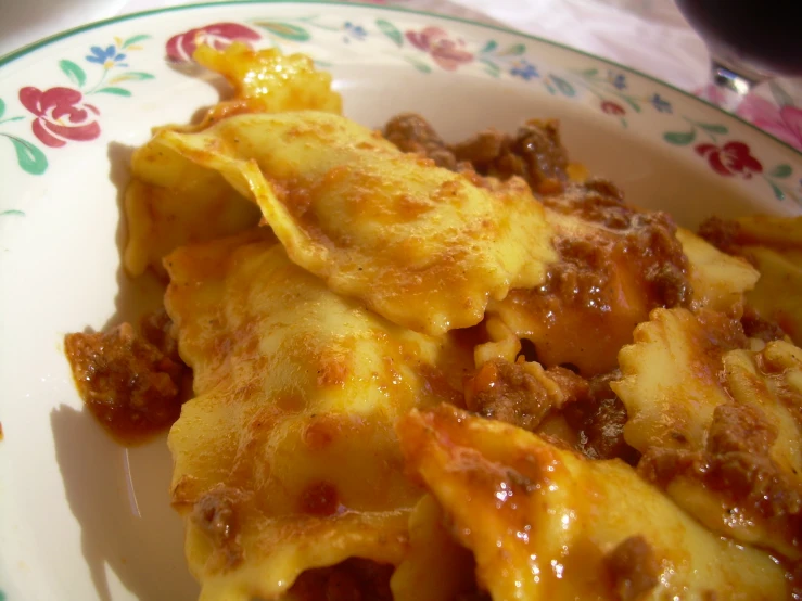 close up of an asian meal consisting of ravioli, chili sauce and meat