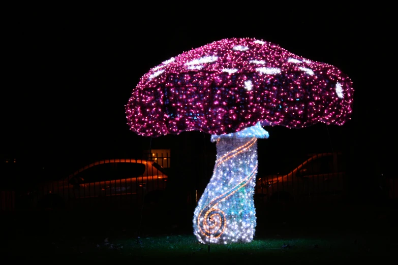 an illuminated tree with a pink umbrella outside