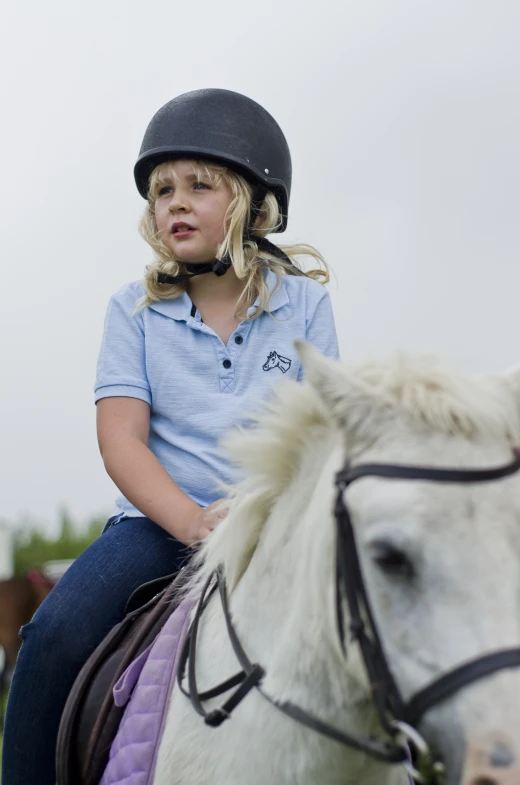 a  in blue shirt riding on white horse