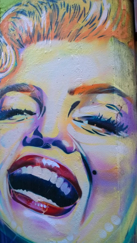 a colorfully painted marilyn monroe face on a wall