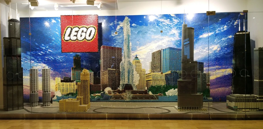 a city scene is depicted in a display case