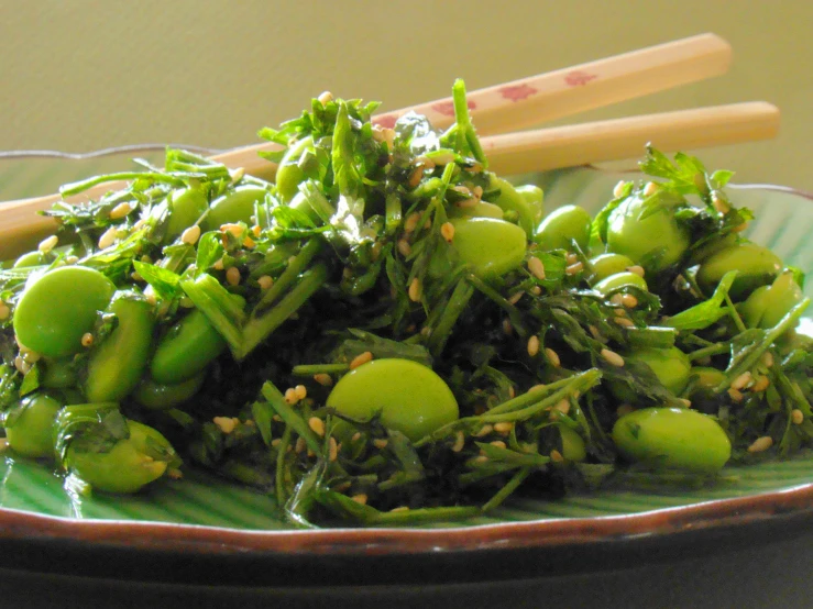 a plate filled with greens and rice and chopsticks