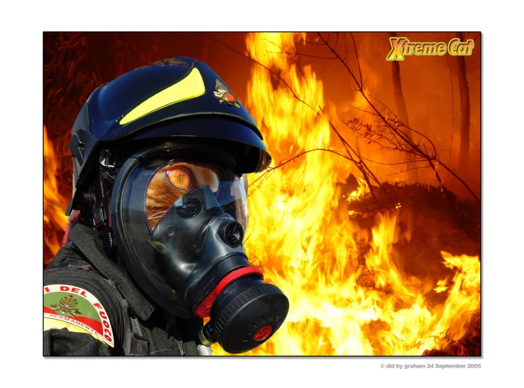 a person in black gas mask and full face respirator standing in front of fire