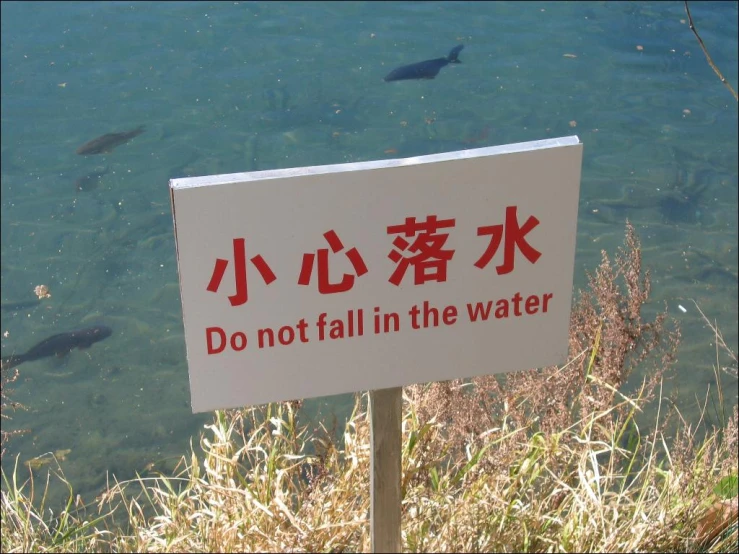 sign posted at the edge of a body of water