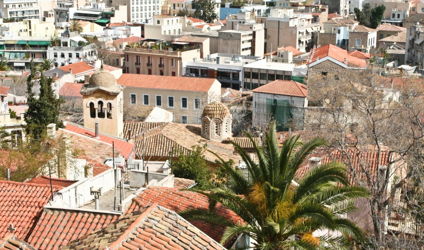 a city with roofs and trees and a bird's eye view