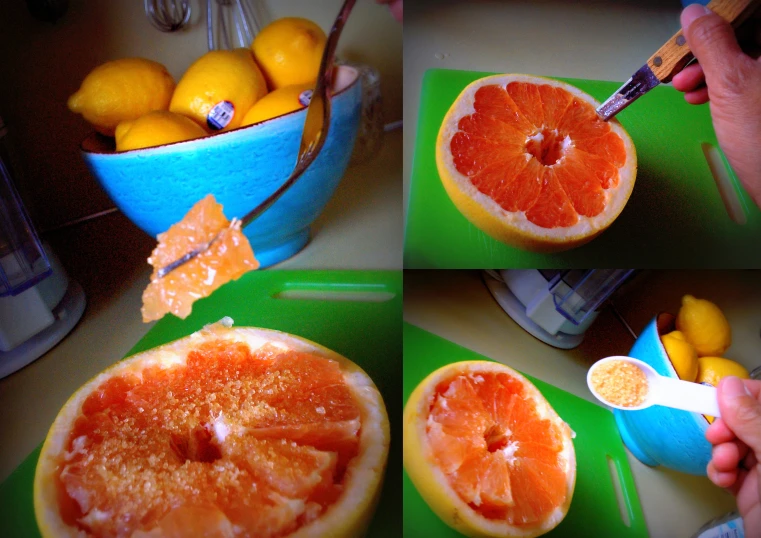 there are images of oranges being cut in half