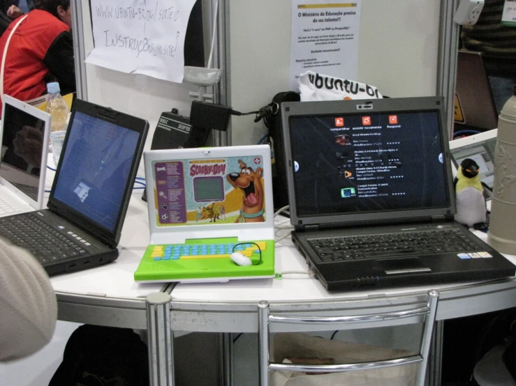 a desk with multiple computers on it