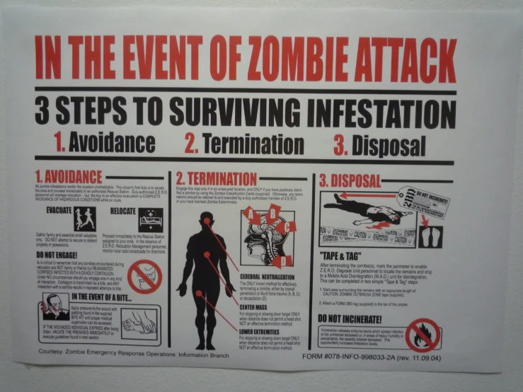 a poster with instructions to be in the event of zombie attack