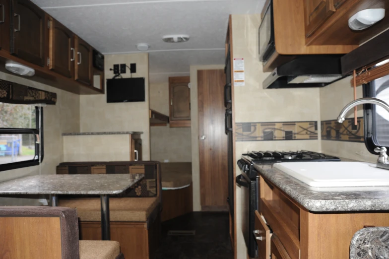 view from kitchen area of small travel trailer