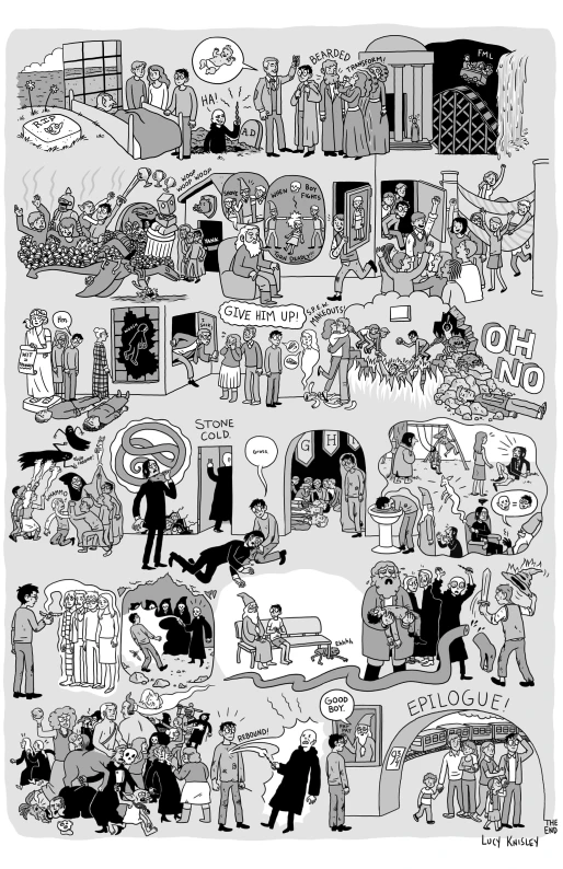 a black and white drawing of people in various stages of life