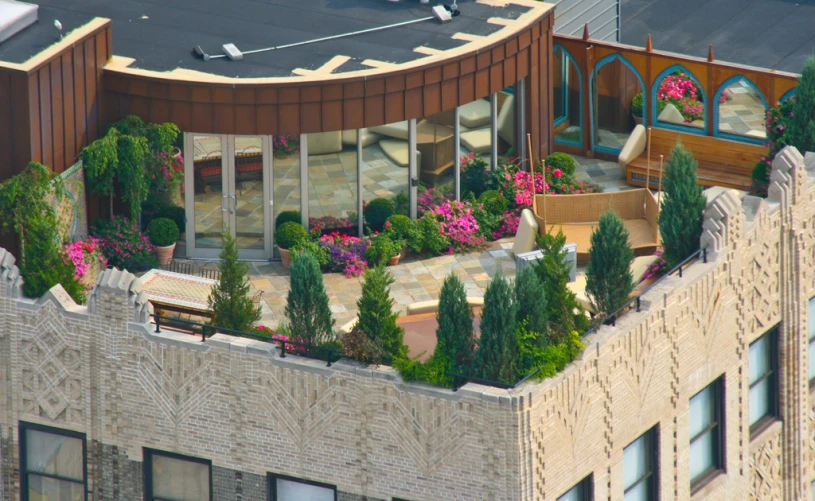 a rooftop garden, with landscaping and potted flowers