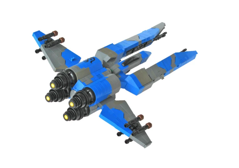 a lego jet is in the air, in front of white background