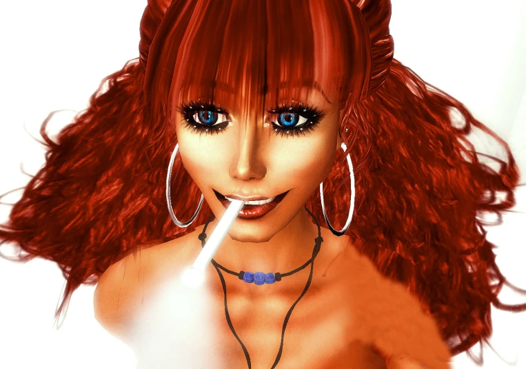 a woman with long red hair wearing large hoop earrings
