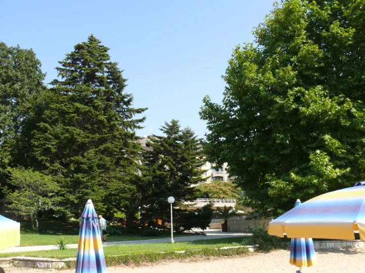 two umbrellas and chairs on the sand in front of trees