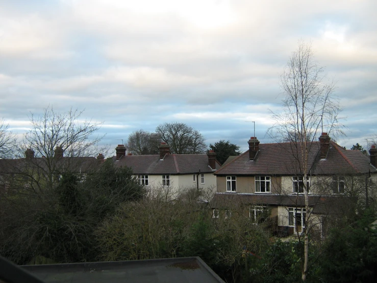 an overgrown landscape with lots of trees, and homes