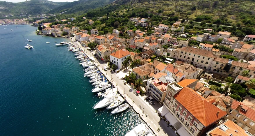 a cityscape has boats in it and red roofs