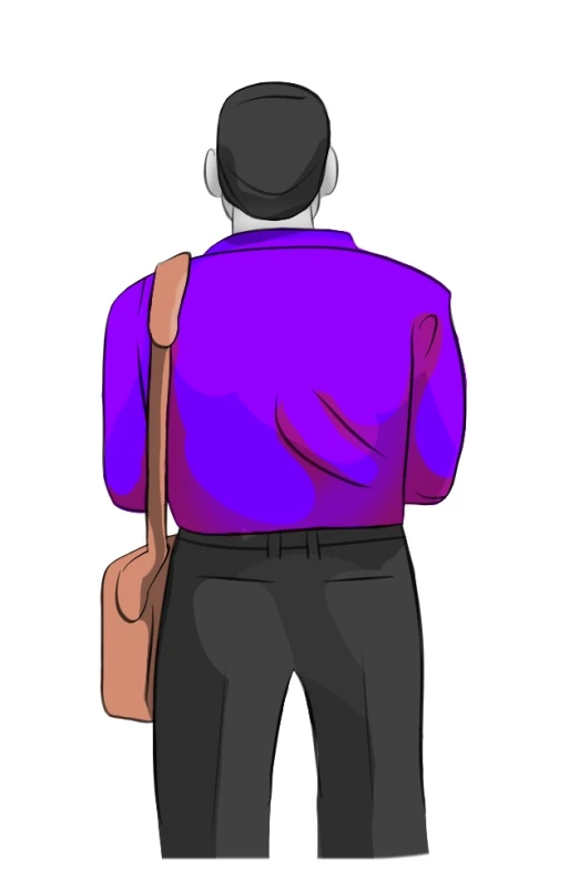 the back of a person wearing a hat and a purple shirt