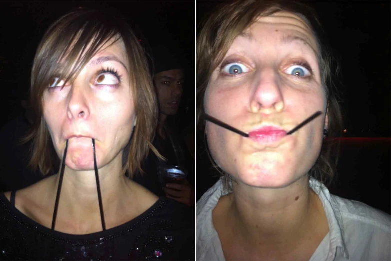 two pictures one has a straw in her mouth and the other has a nose string to play with it