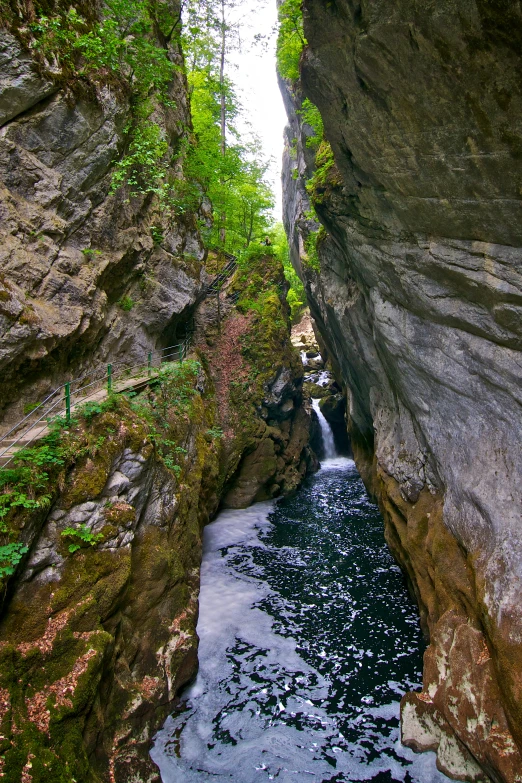 a river runs between the large rocks near some trees