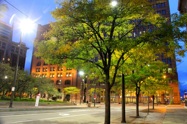 city street with tall buildings at dusk, and traffic