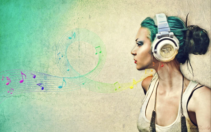 an artistic digital painting of a woman with headphones on