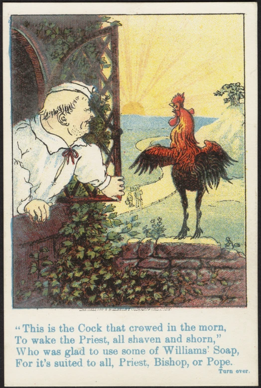 a book with an old fashioned card about chicken