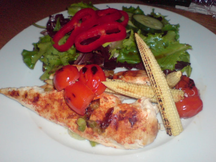 a chicken  with a grilled tomato and corn on the cob with salad