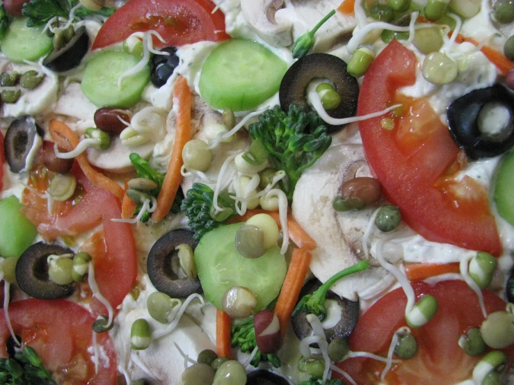 the pizza is topped with vegetables and olives