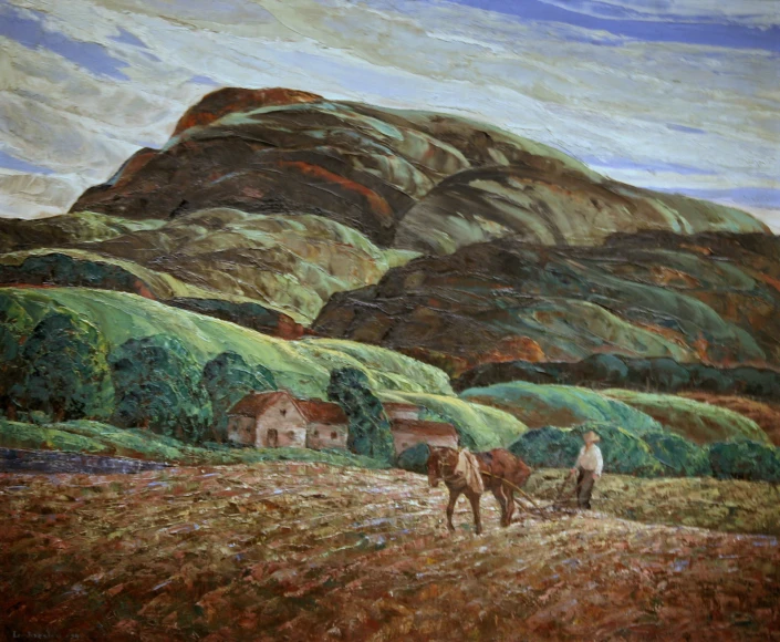 painting of a man on horseback with a horse near an empty field