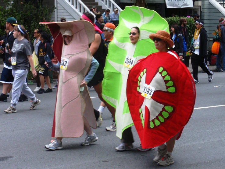 the people are wearing costumes that resemble flowers