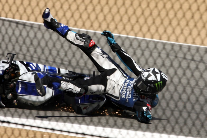man riding on motorcycle during an accident on the track