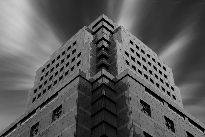 black and white pograph of the bottom part of a building