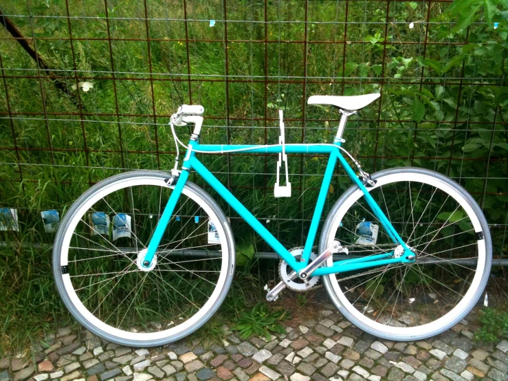 a bike locked against a wire fence in the grass