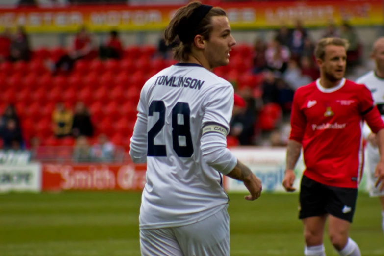 two male soccer players are playing a game