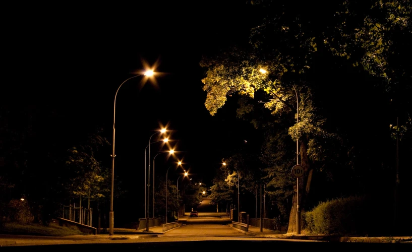 a tree lined city street at night with illuminated traffic lights