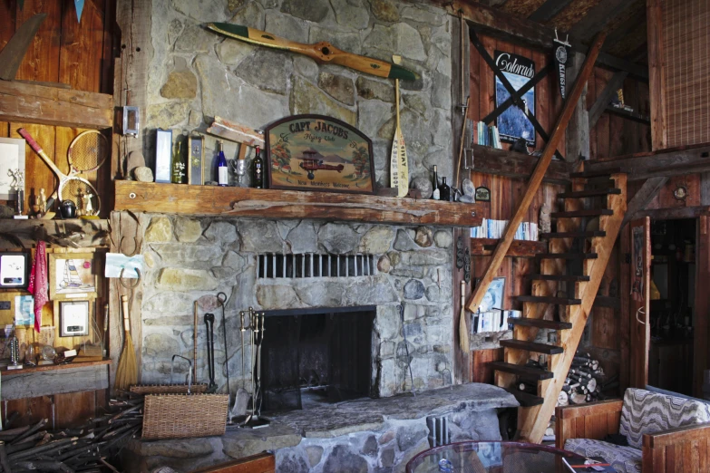 fireplace and stone built in with stairs