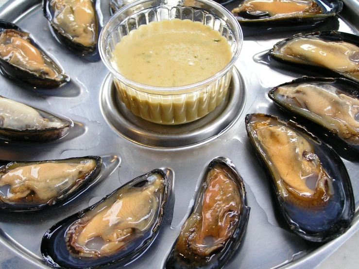 a plate with an empty cup and some clams