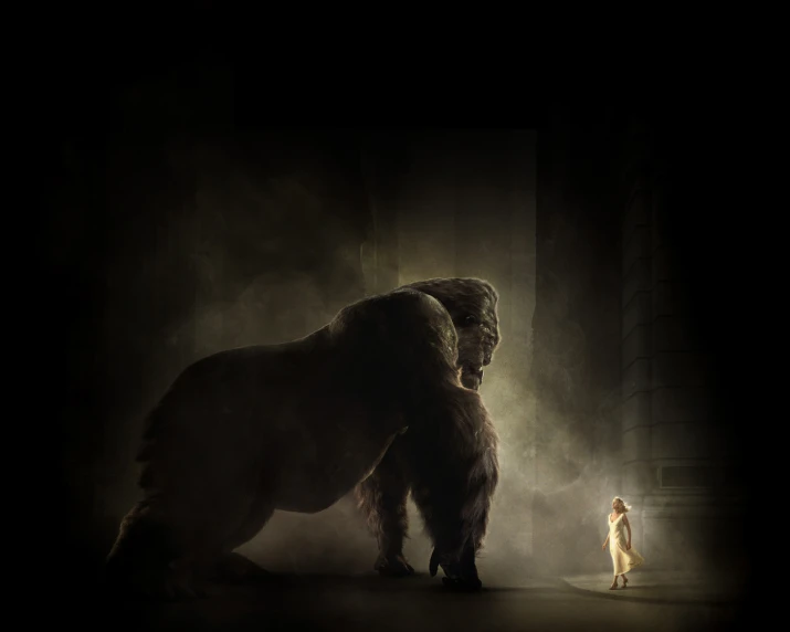 a woman is in the dark beside a big, furry, creature