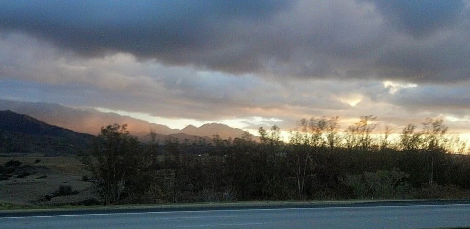 a view of the sky and trees, near the road