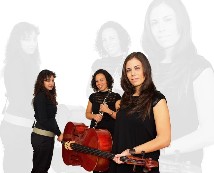 three women are holding an electric guitar, one woman is playing the mandolin