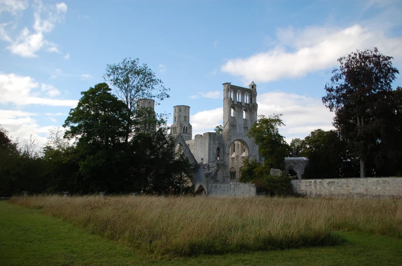 a castle building is shown, seen across the grass