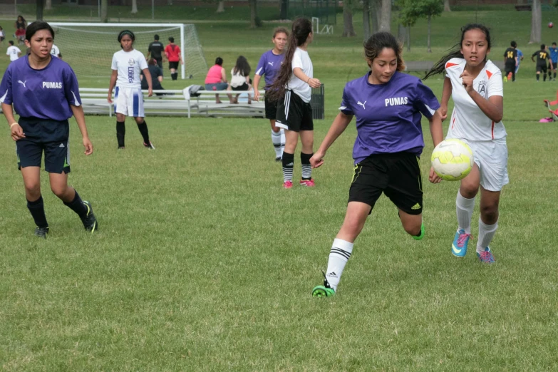 girls on opposing teams are in mid air over the soccer ball