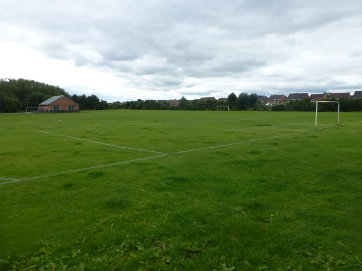 a green soccer field with a goal and trees