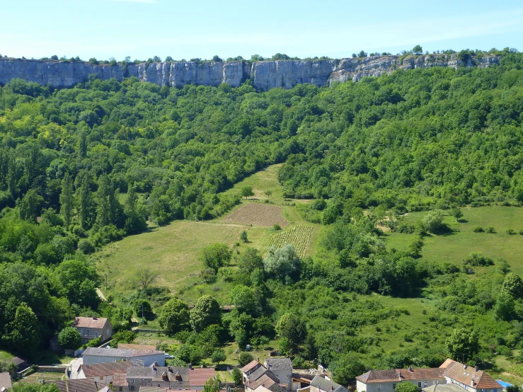 a valley filled with houses next to lush green trees
