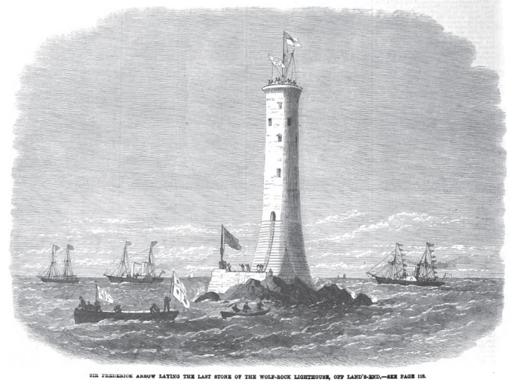 lighthouse with water and ships at anchor, on the ocean