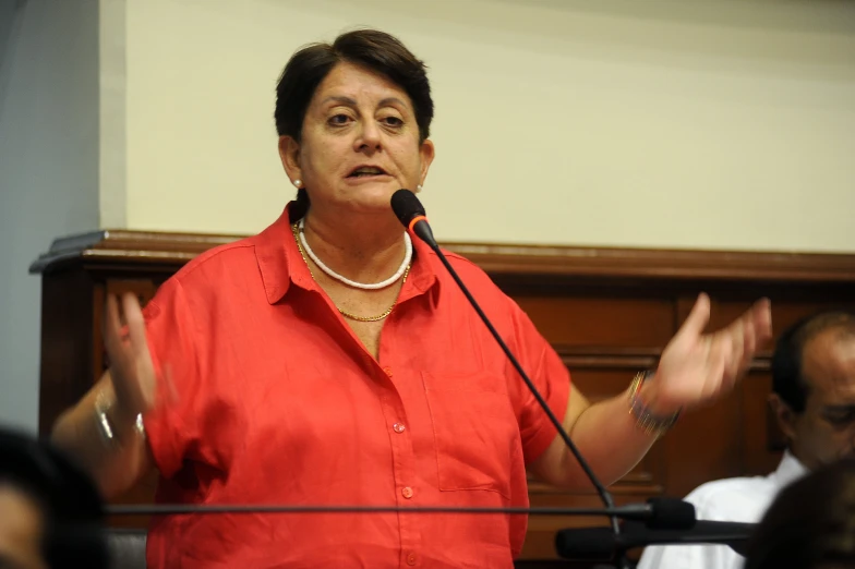 a woman giving a speech to a room full of people