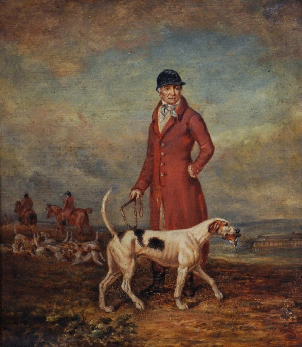 an oil on canvas painting of a woman in an overcoat and two dogs