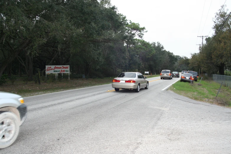 several cars driving on a road near a forest