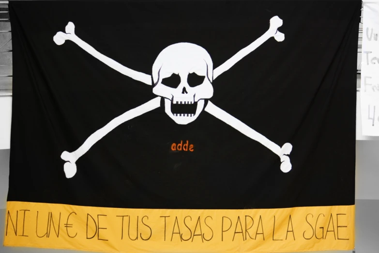 a banner with a pirate skull and cross bones